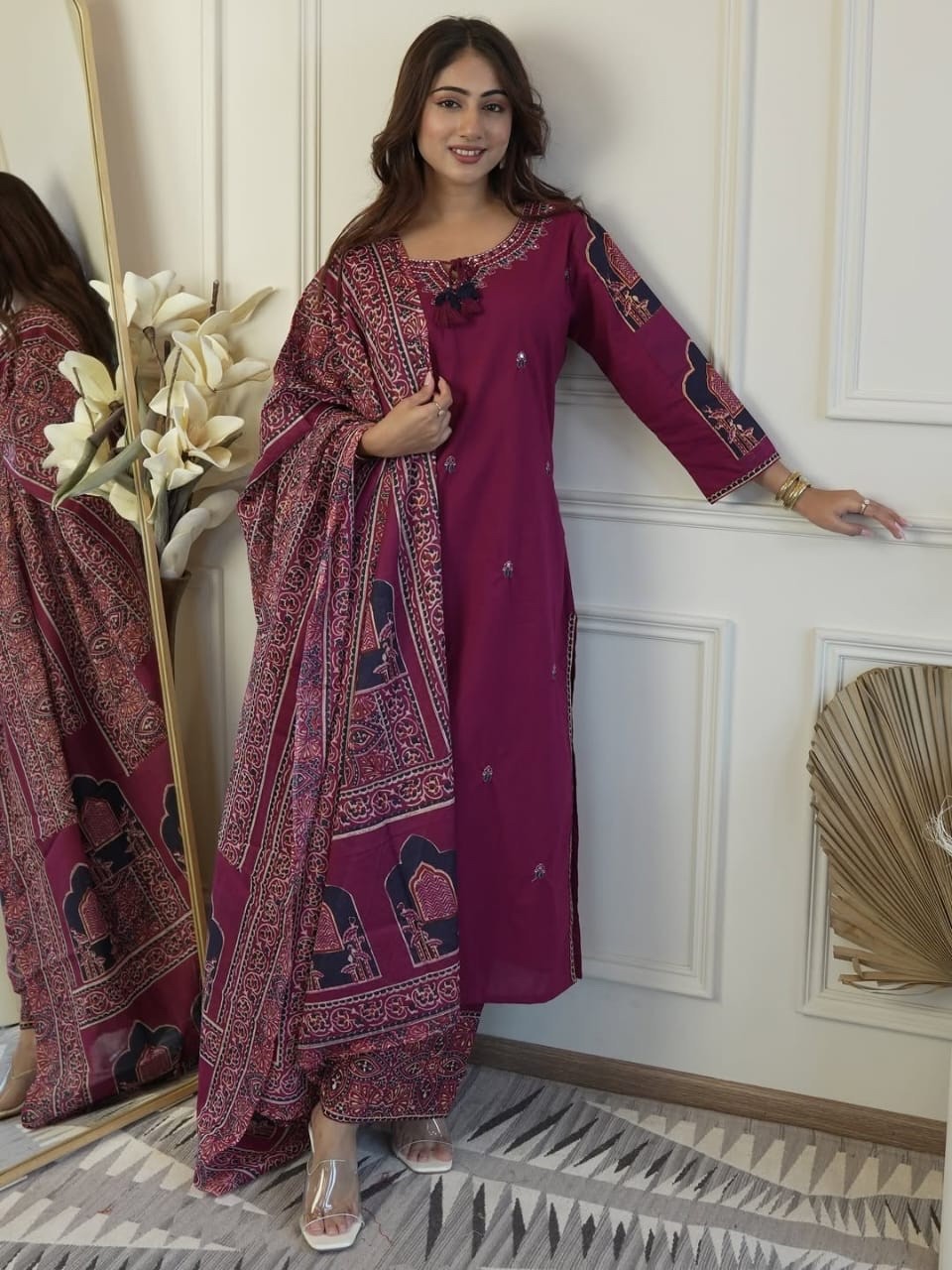 BOHO EMBROIDERED COTTON KURTI PANT DUPATTA SET WOMEN 3PC POCKET SUIT SIZE 3XL UP