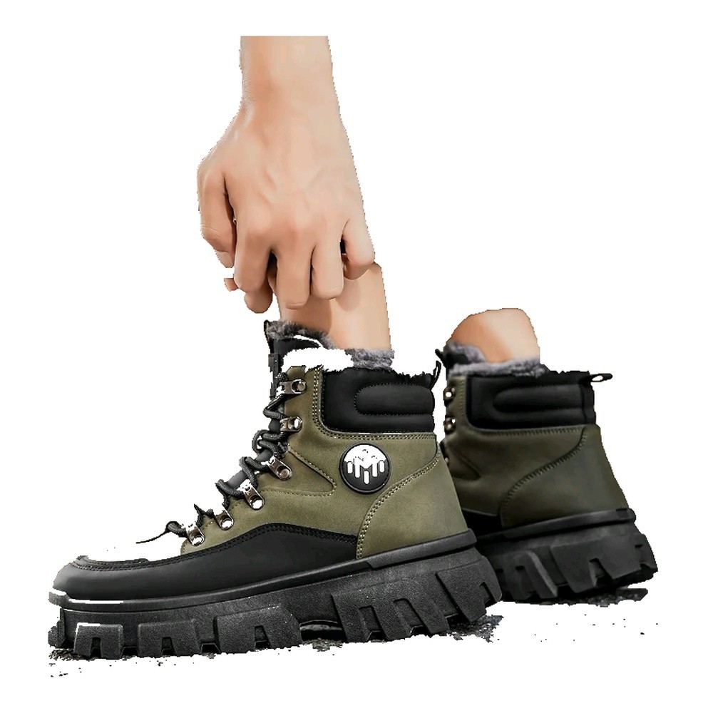 Men’s Green/Black Lace-Up Ankle Hiking Boots Round Toe Solid Pattern