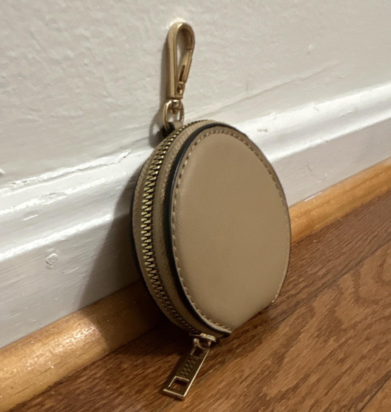 Beige Faux Leather Round Zip Coin Purse Key Chain Solid Women’s