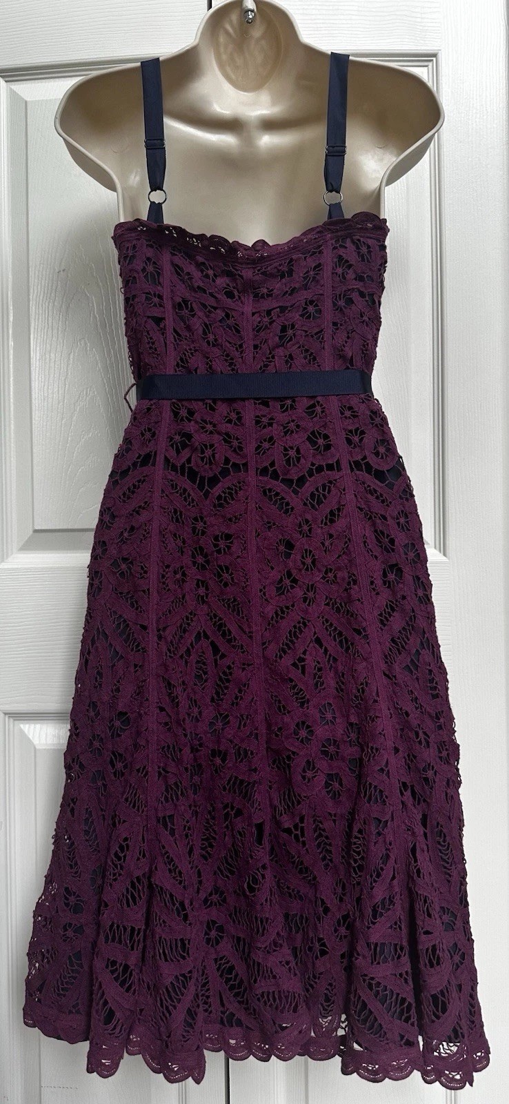 Betsey Johnson 1990s SZ 4 Purple Crochet Lace Overlay Over Navy Silk Navy Trim
