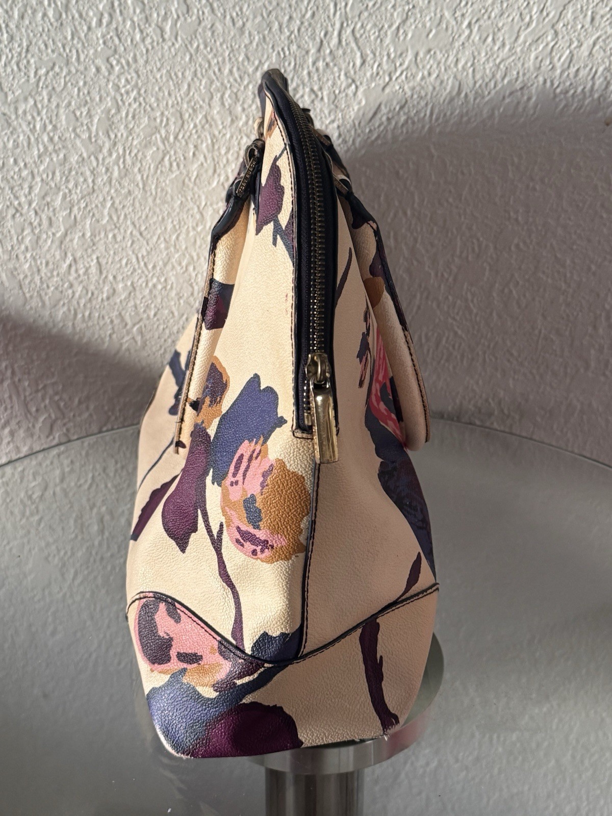 Tory Burch Beige Floral Dome Satchel Top Handle Zip, Logo, Gold Hardware