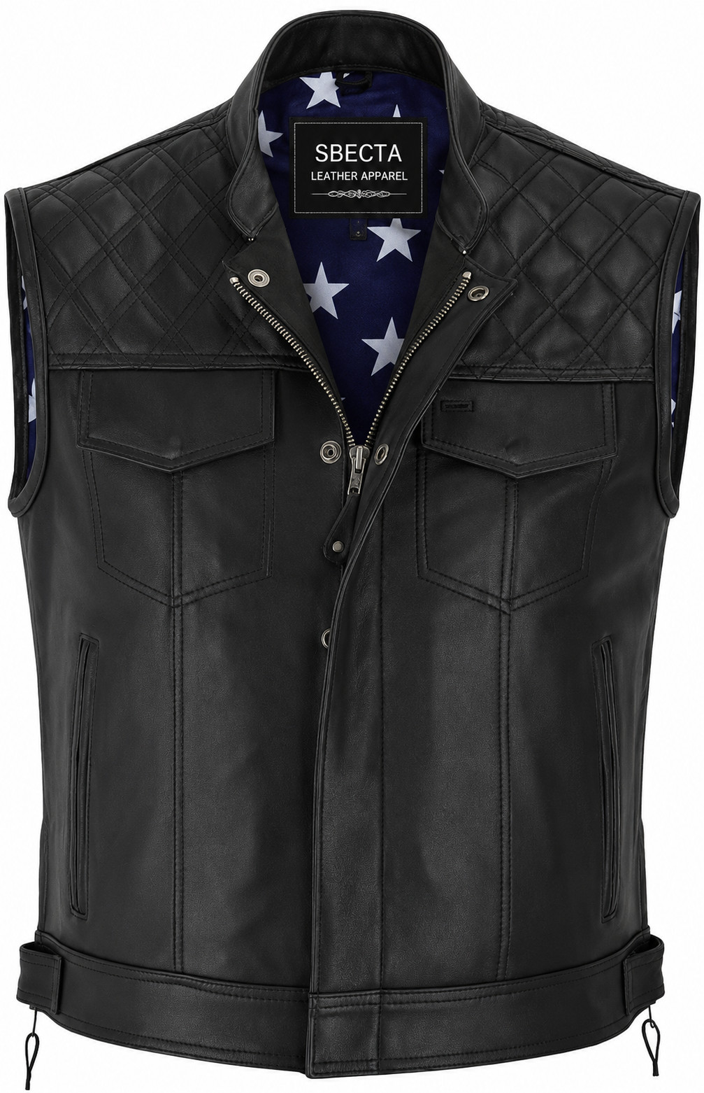 Men’s Black Leather Motorcycle Vest USA Flag Liner Biker Club Riding Side Strap