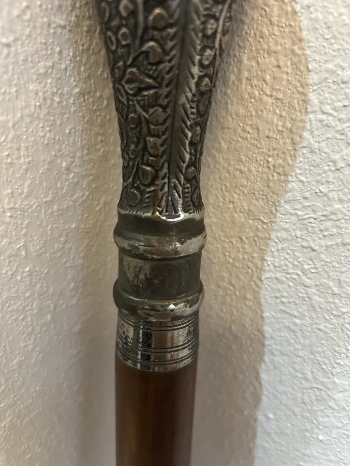 Edwardian Stick Antique Walking Gadget Presentation Cane Victorian Silver Pewter