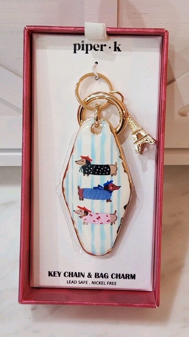 NIB! Piper K Dachshund Wiener Dog Eiffel Tower Paris Gold Accent Bag Charm