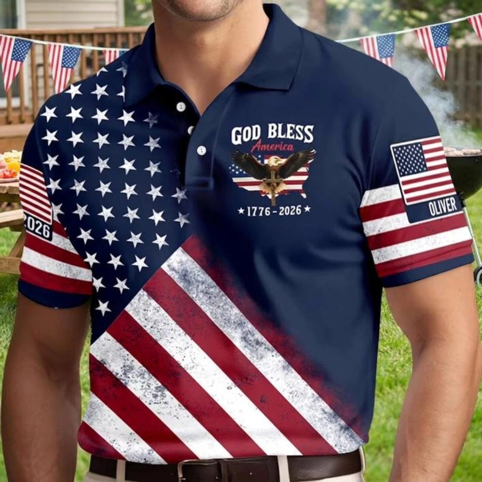 Custom Name USA 250th Anniversary Polo Shirt, Patriotic Polo, Fathers Day Gifts