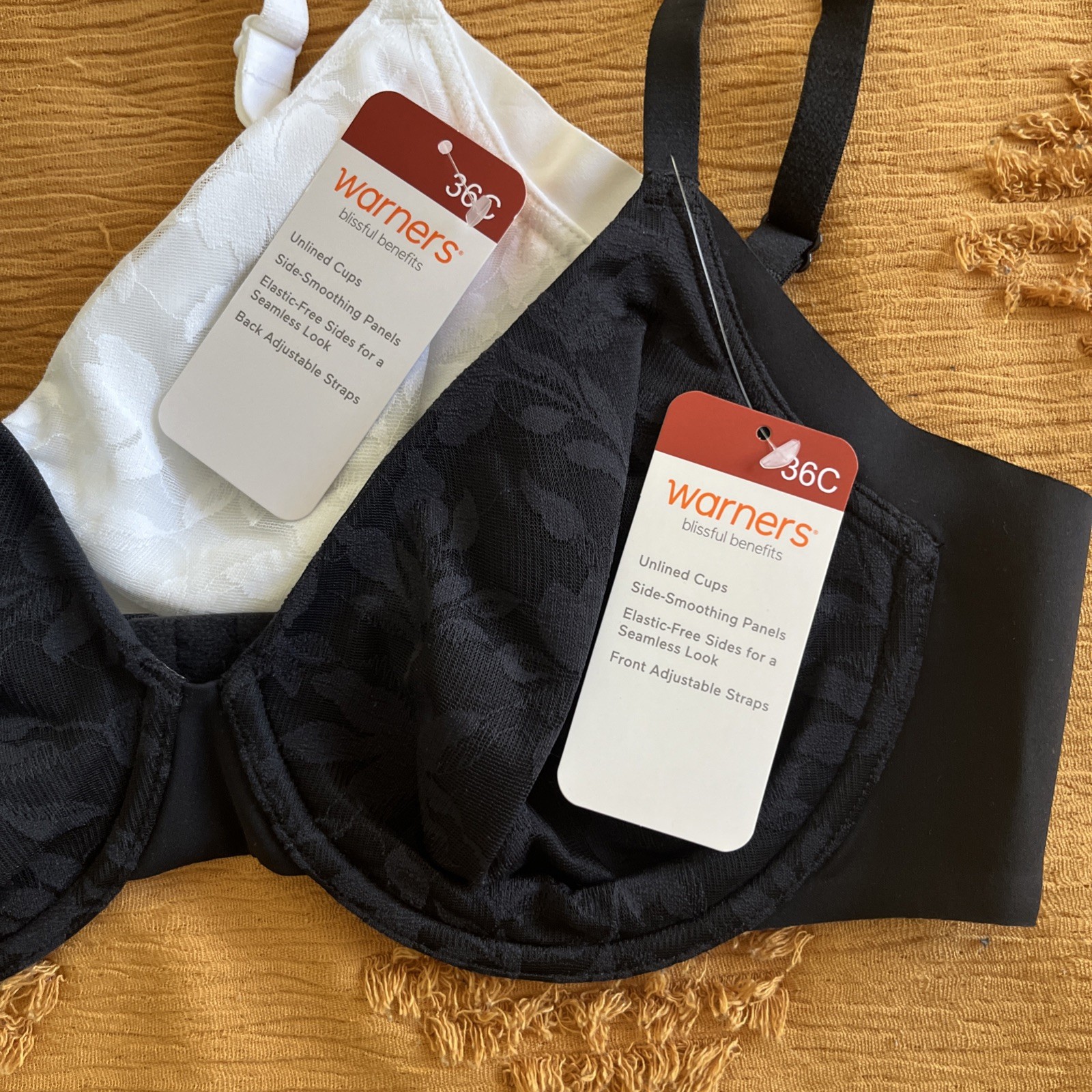 Warner’s Women’s 2-Pack T-Shirt Bras 36C Underwire Unlined Lace Black/ White