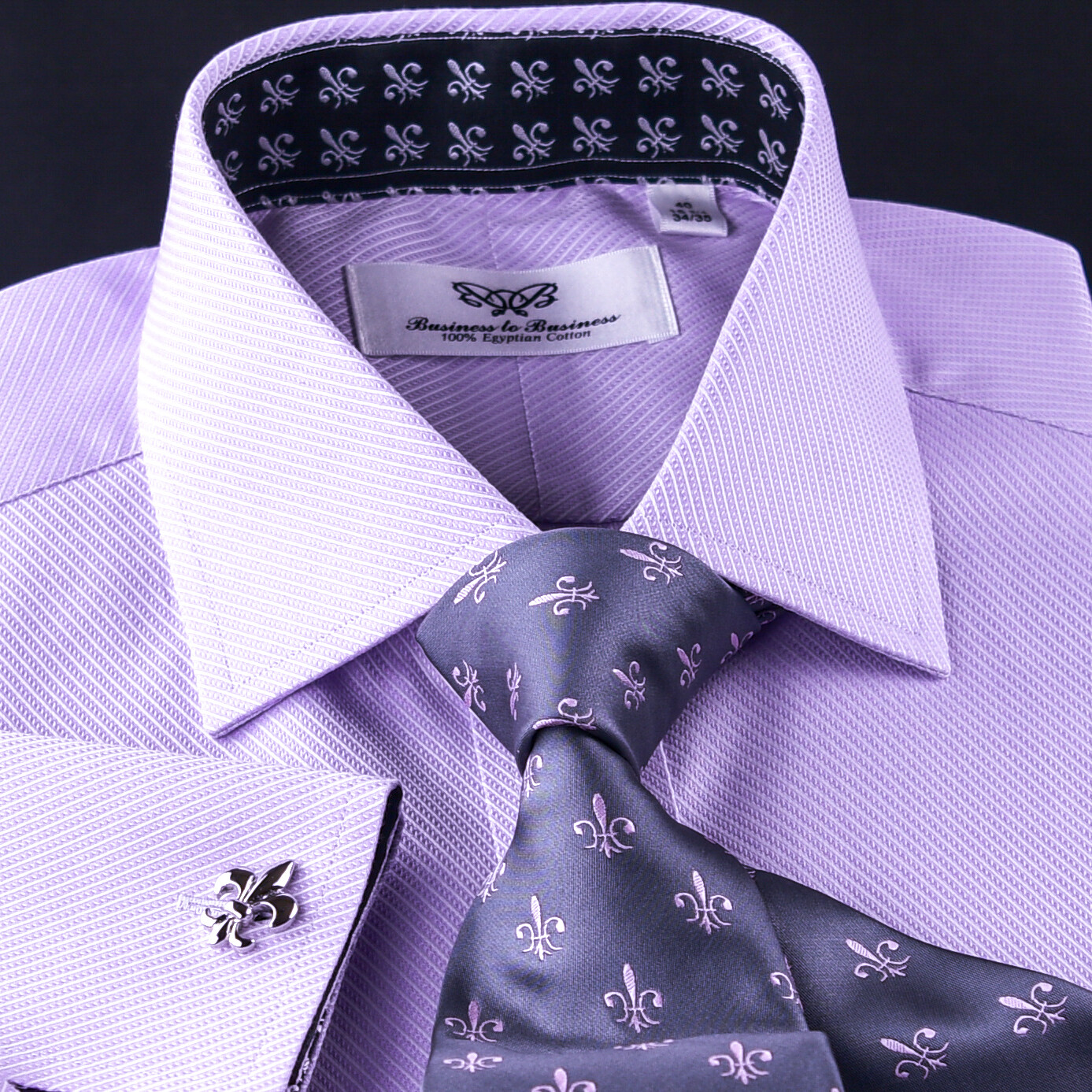 Lilac Twill With Black Italian Fleur-De-Lis Inner Lining Formal Dress Shirt Top