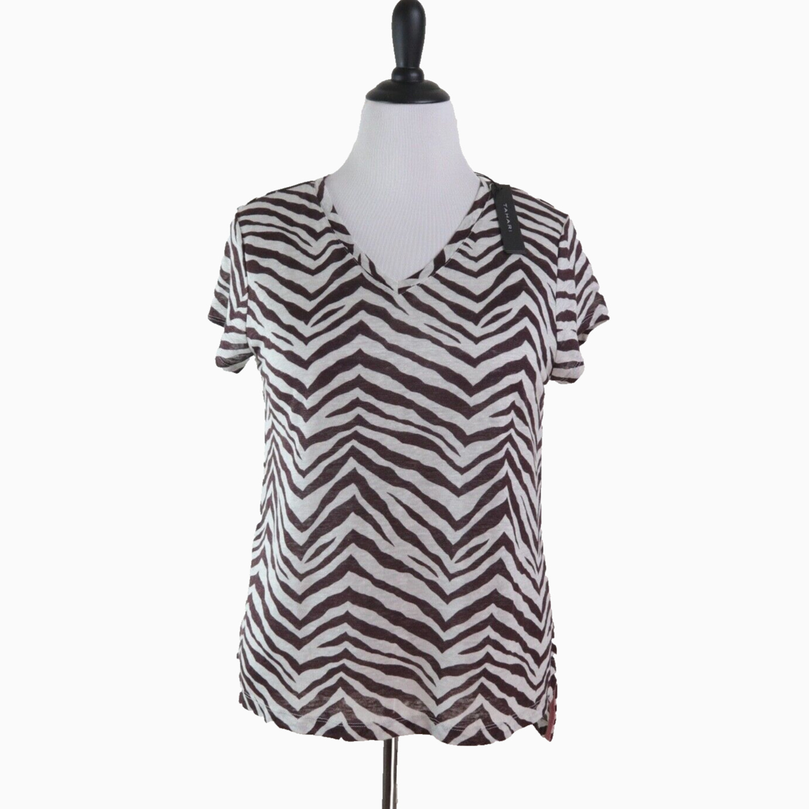 NWT Tahari Size L Linen Shirt V Neck Brown White Zebra Print