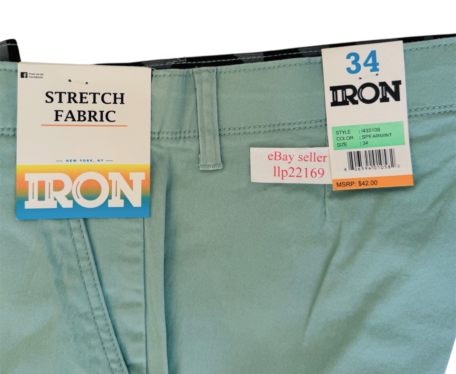 IRON CO Men’s Stretch Shorts (SIZE 34) Flex Waist Flat Front SPEARMINT GREEN New