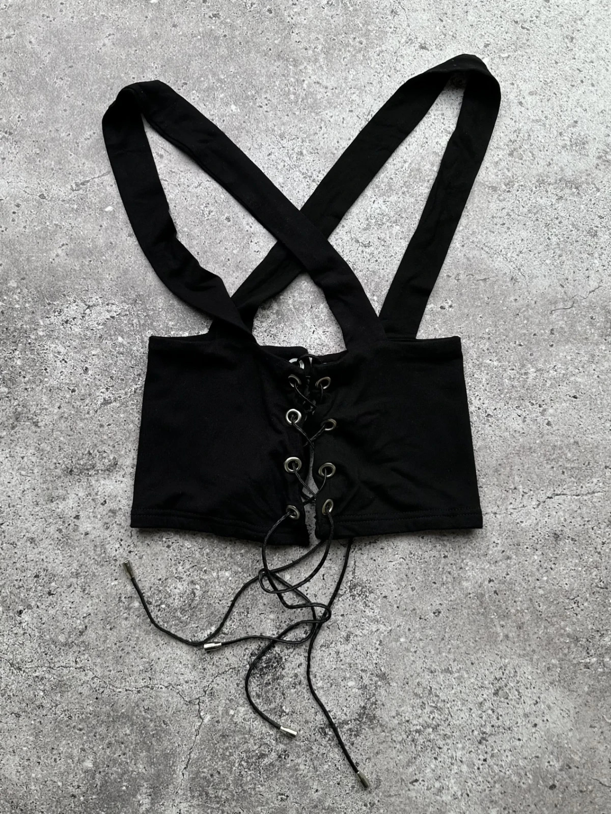 Y2K Black Lace Up Bustier Crop Top Women’s Strappy Stretch Clubwear Vintage