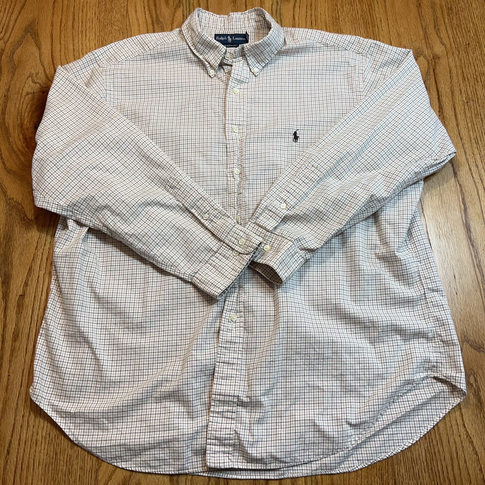 Ralph Lauren Mens Button Down Shirt 18 34-35 Classic Fit Beige White Check Plaid