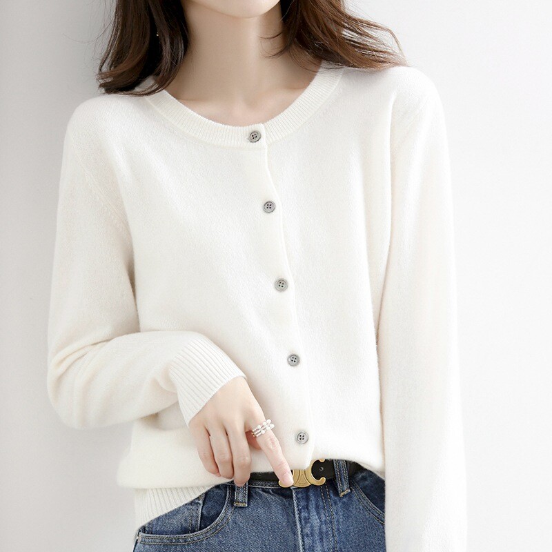 Women’s Cashmere Blend Cardigan Solid Color Sweater Simple Crew Neck Jacket Coat