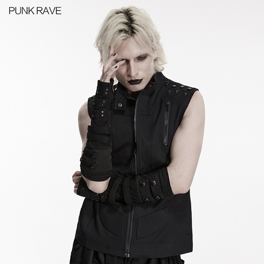 Punk Rave Men Black Goth Cyberpunk Rivets Gloves Steampunk Long Cuff Arm Warmer