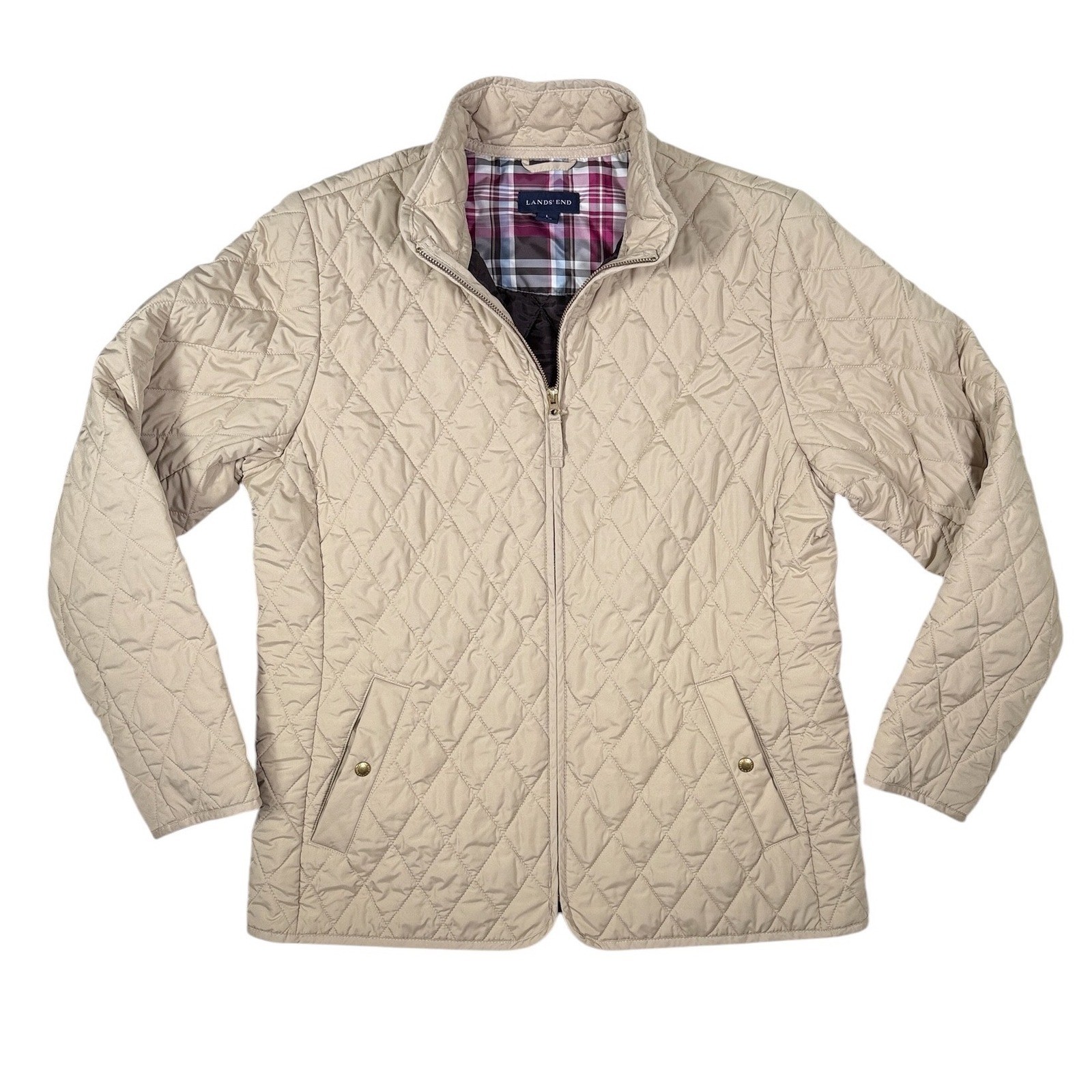 Lands End Jacket Womens Large 14-16 Tan Quilted Full Zip Outdoor Hiking Chore