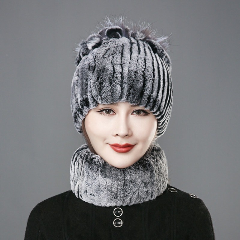 Winter Fur Hats Scarf Women Real Rex Rabbit Warm Beanie Cap With Fox Fur Fluffy