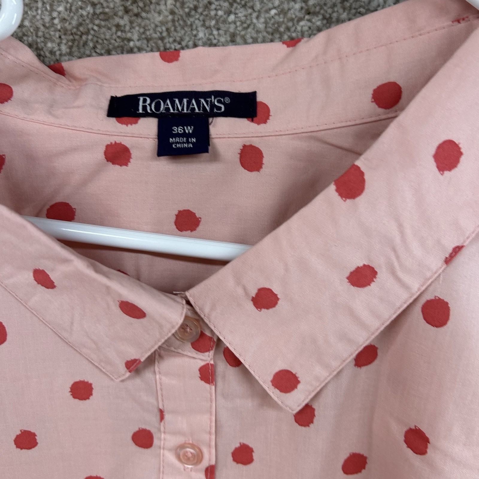 NWOT Roman’s Women’s Button Front Shirt Size 36W Pink Red Polka Dot Blouse Plus