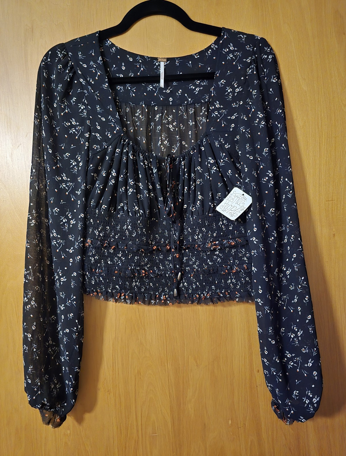Free People Black Floral Chiffon Smocked Tie Cropped Puff Long Sleeve Blouse M