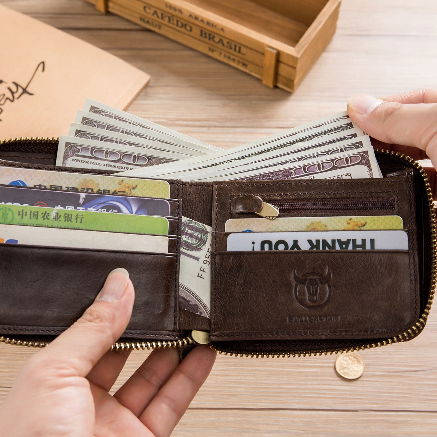 Mens Genuine Leather Bifold Wallet Around Zipper Credit ID RFID Card Holder US