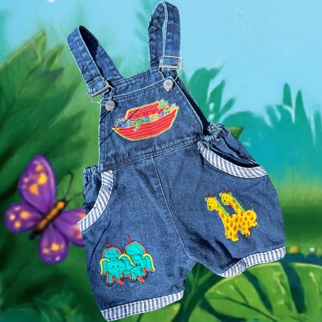 Vintage “Mon Petit” Noah’s Ark Bubbliest Bubble Denim Shortalls, 2T Toddle