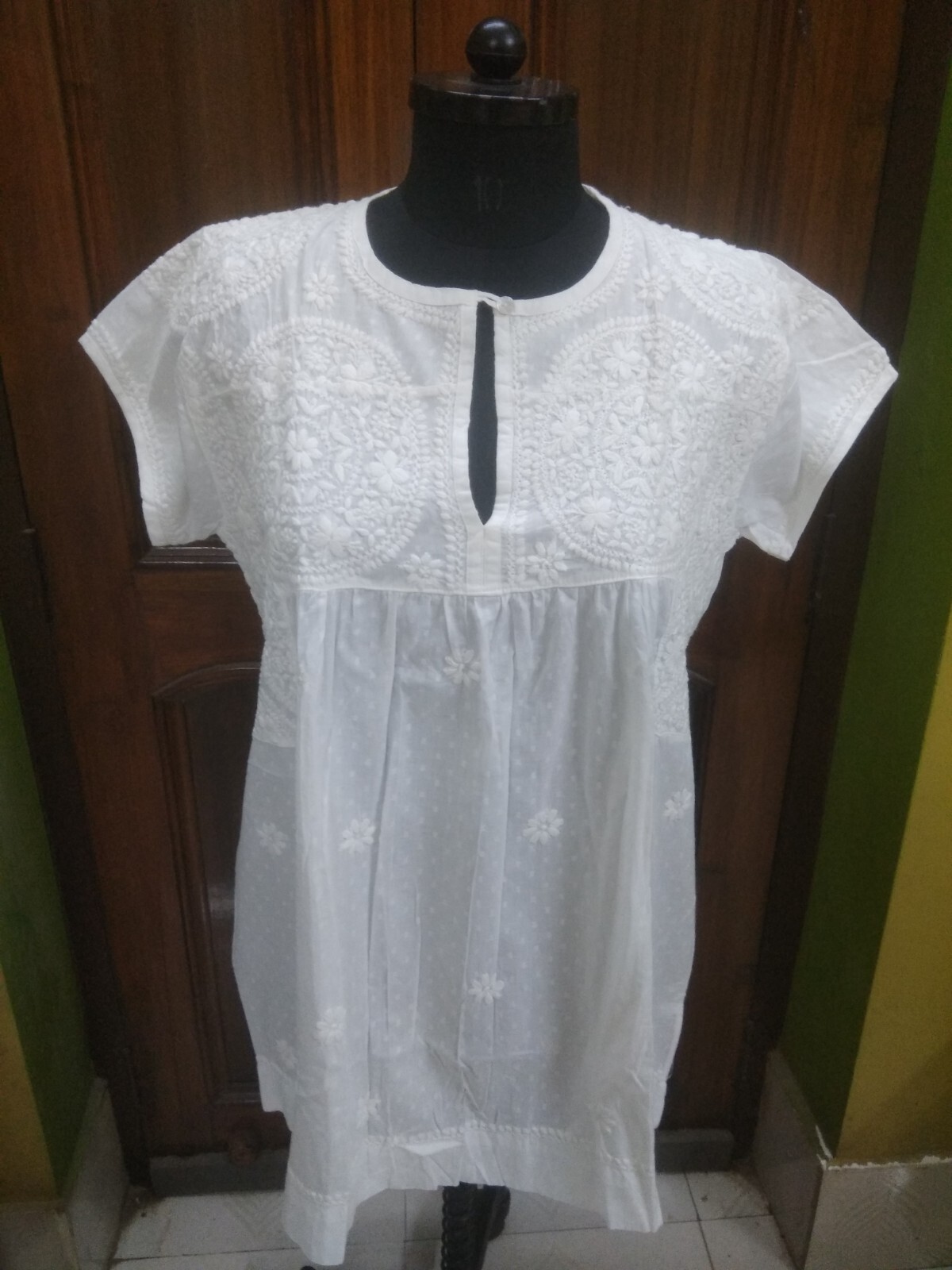 100% COTTON DOTED FABRIC XL 44 HANDMADE ETHNIC TOP KURTA KURTI CHIKAN EMBROIDERY