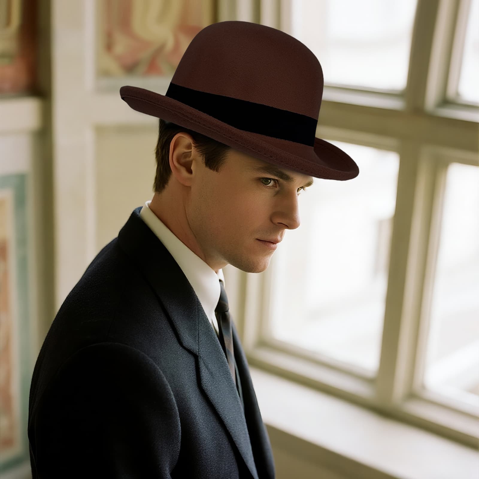 Men Retro Elegant Bowler Hat Short Brim with Hat Band for Formal Casual Wedding