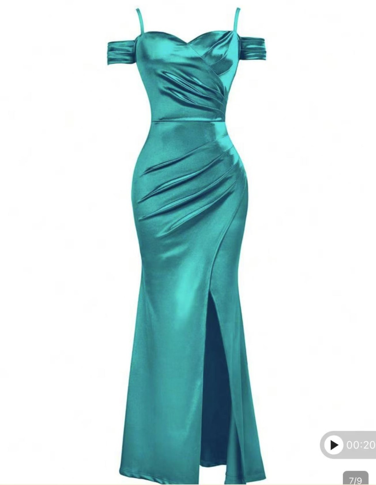 Women Elegant Off Shoulder Wrap Ruched Split Hem Satin Evening Party Maxi Dress,