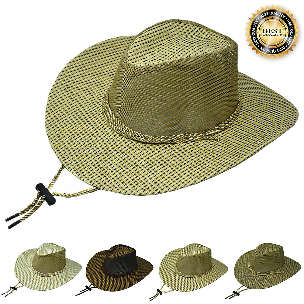 Summer Sun Bucket Cap Western Cowboy Hat Fedora Linen Solid Straw Wide Brim