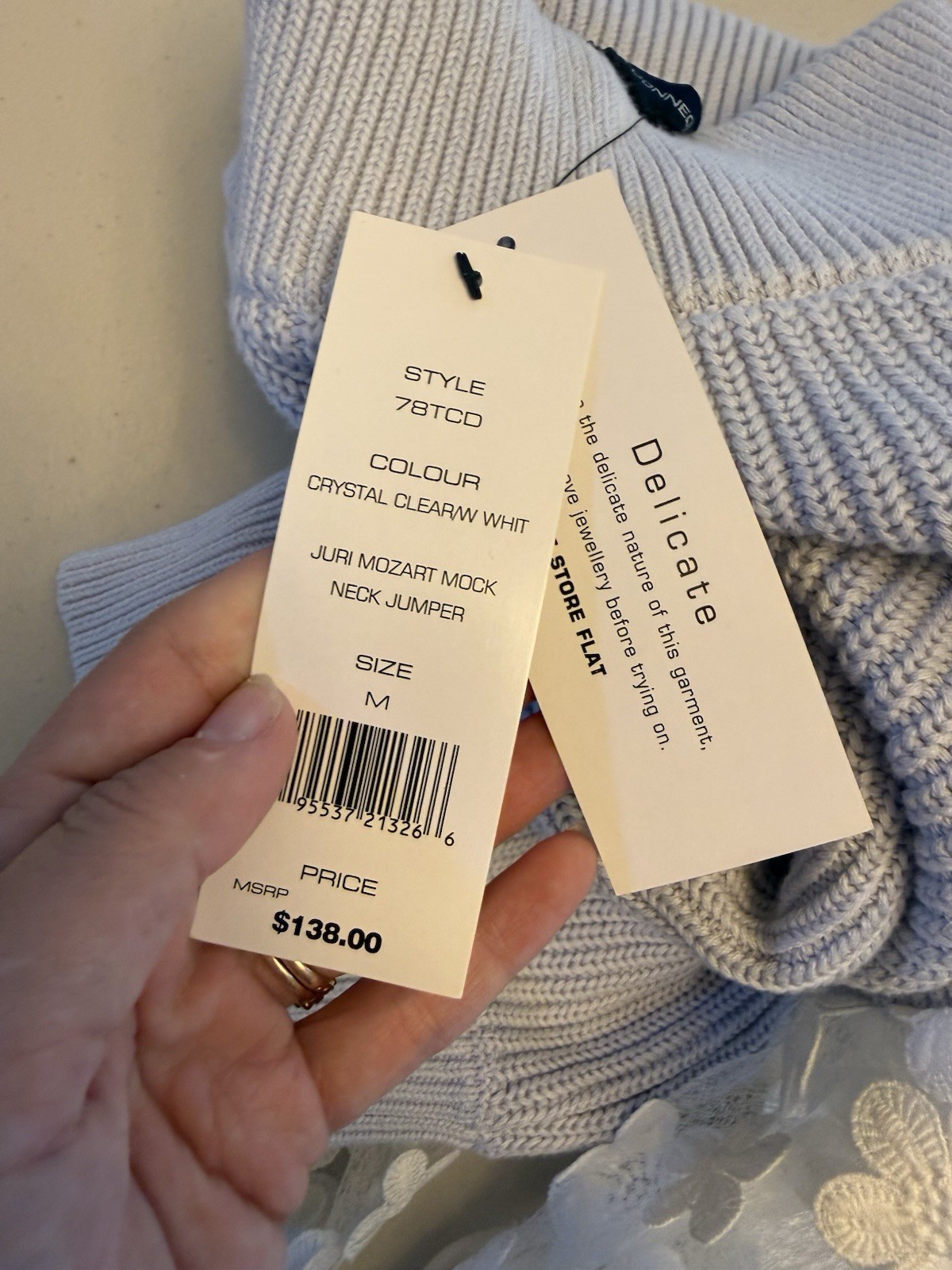 French Connection M Blue White Mock Neck Sheer Floral Knit Pullover