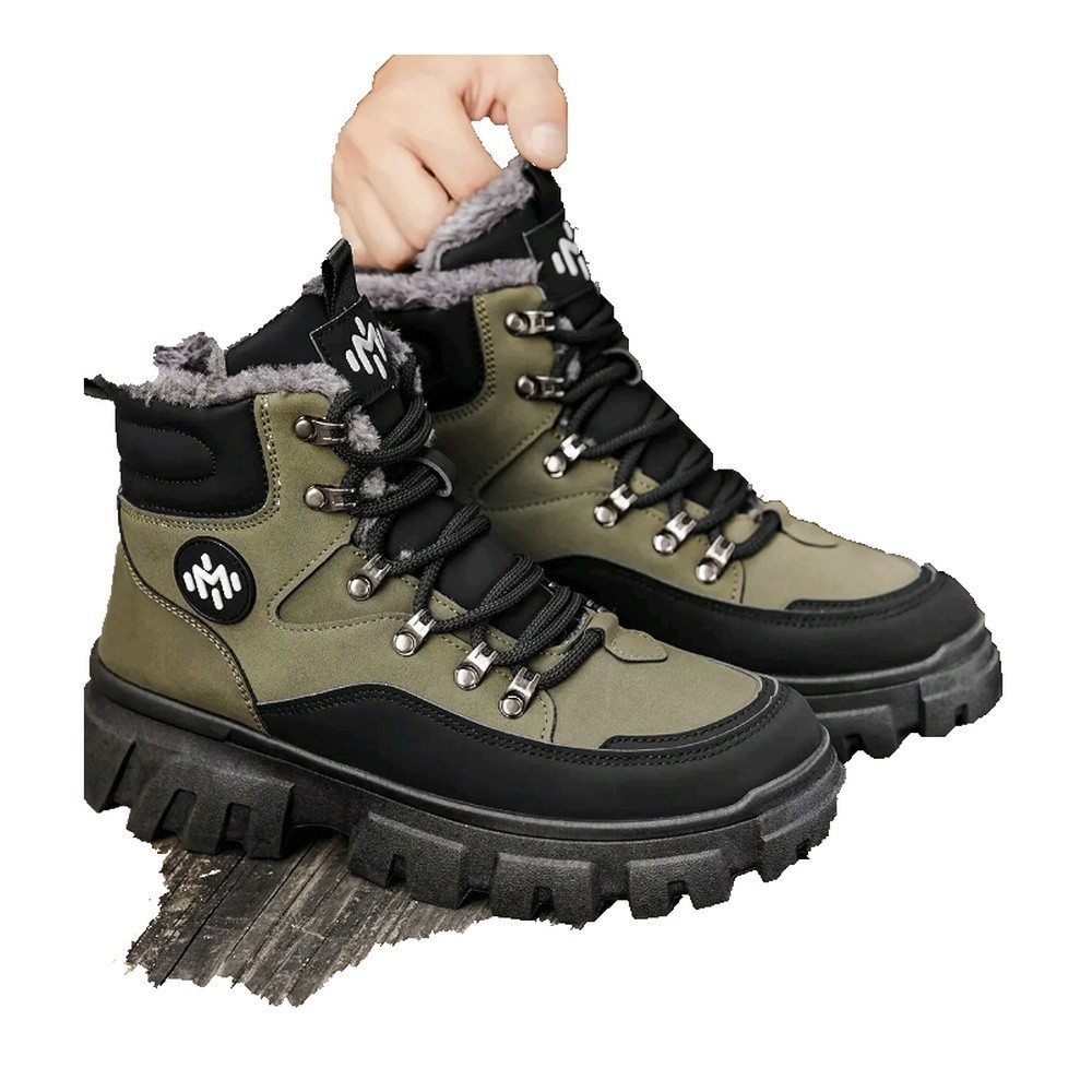 Men’s Green/Black Lace-Up Ankle Hiking Boots Round Toe Solid Pattern