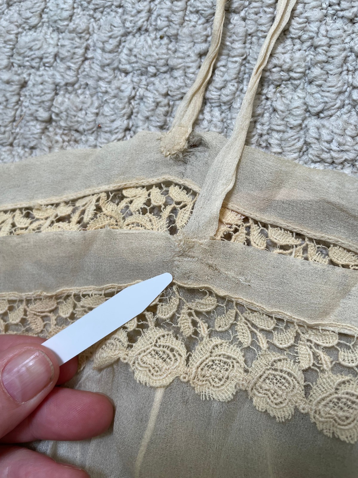 Antique 1900s Victorian Ivory Sheer Silk Slip Teddy Envelope Chemise Lace Holes
