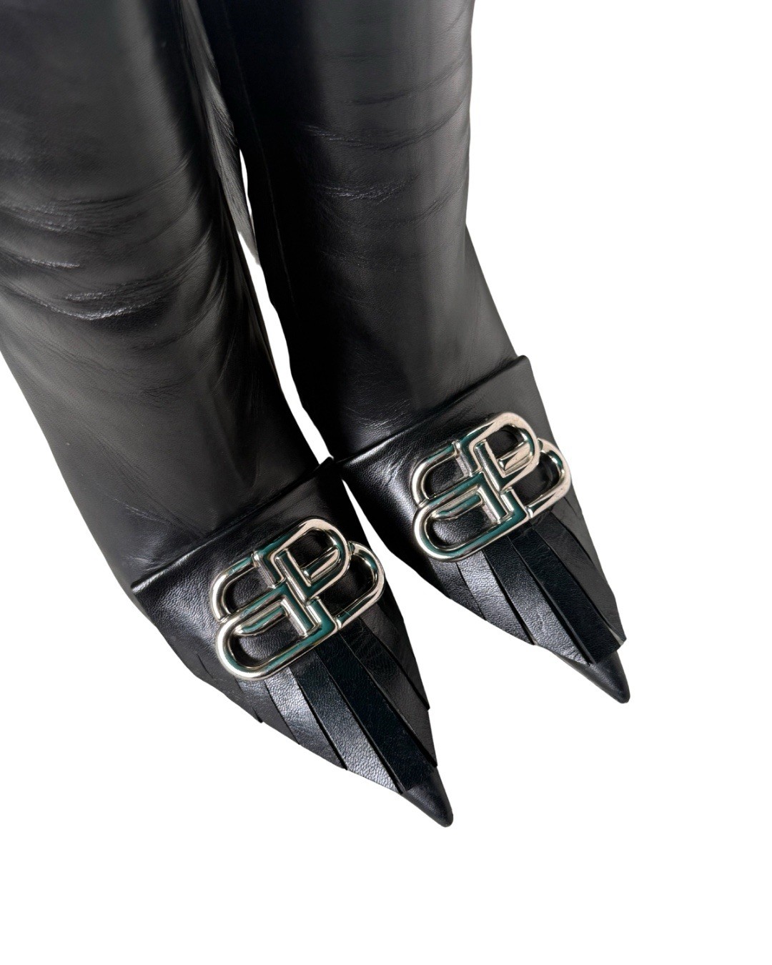 Balenciaga Black Leather BB Logo Buckle Pointed Toe Stiletto Ankle Bootie 39