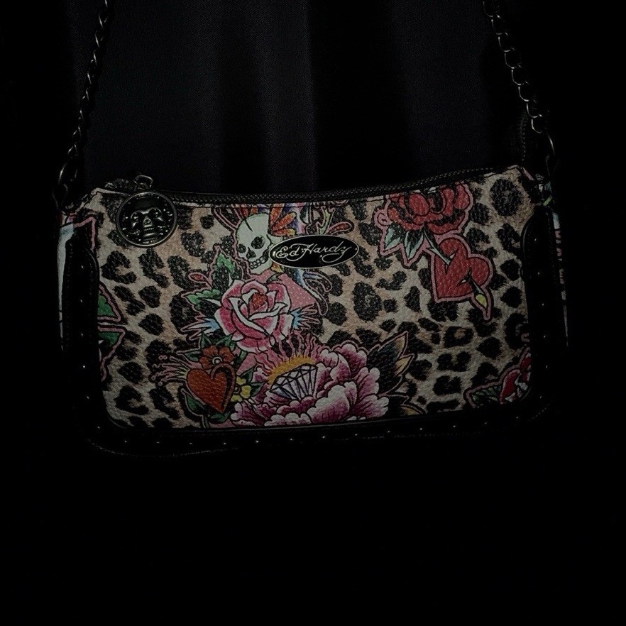 Women’s Small Leopard Print Floral Heart Shoulder Bag, Zip, Detachable Strap