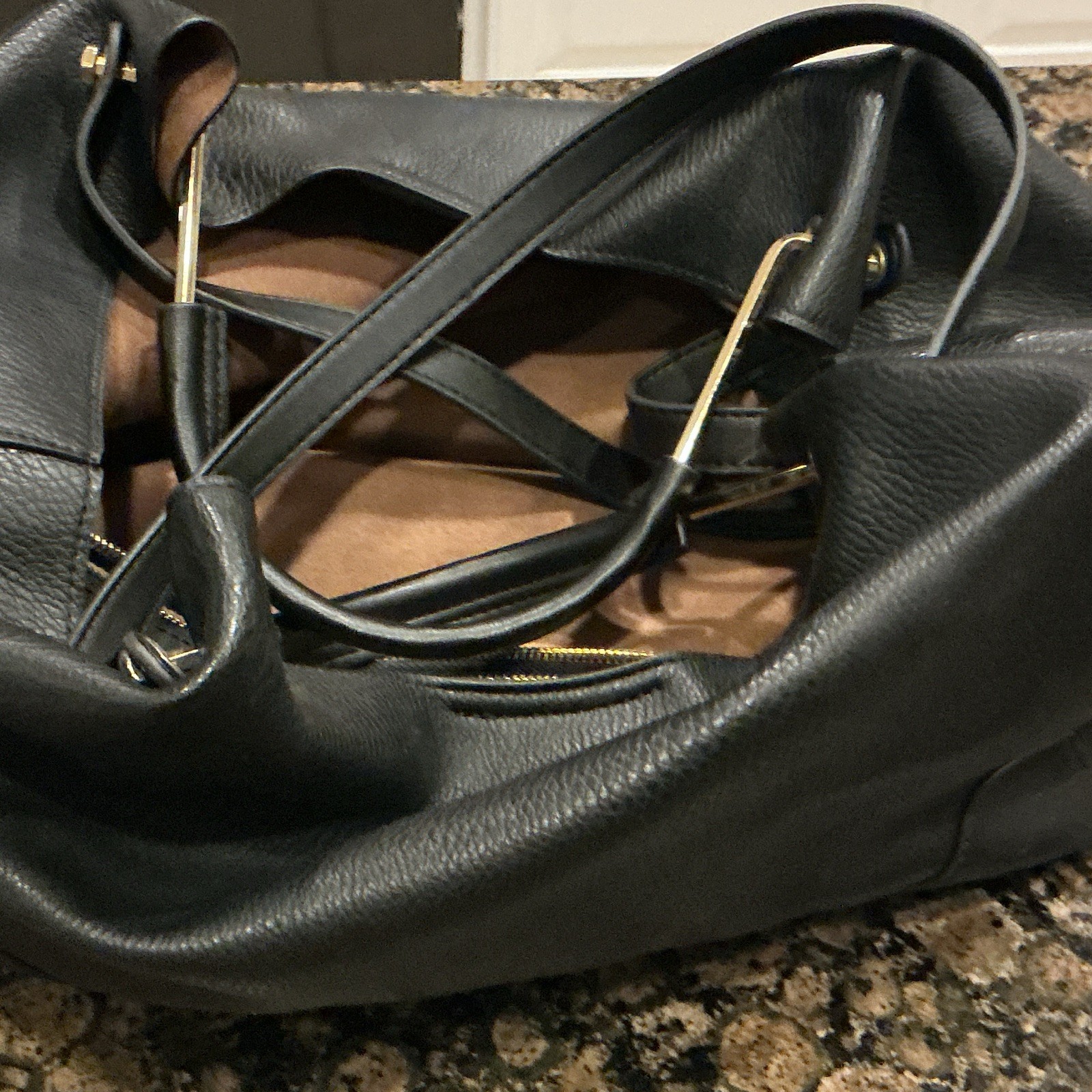 Sondra Roberts Squared Black Pebbled Satchel Gold Zip w/ Strap