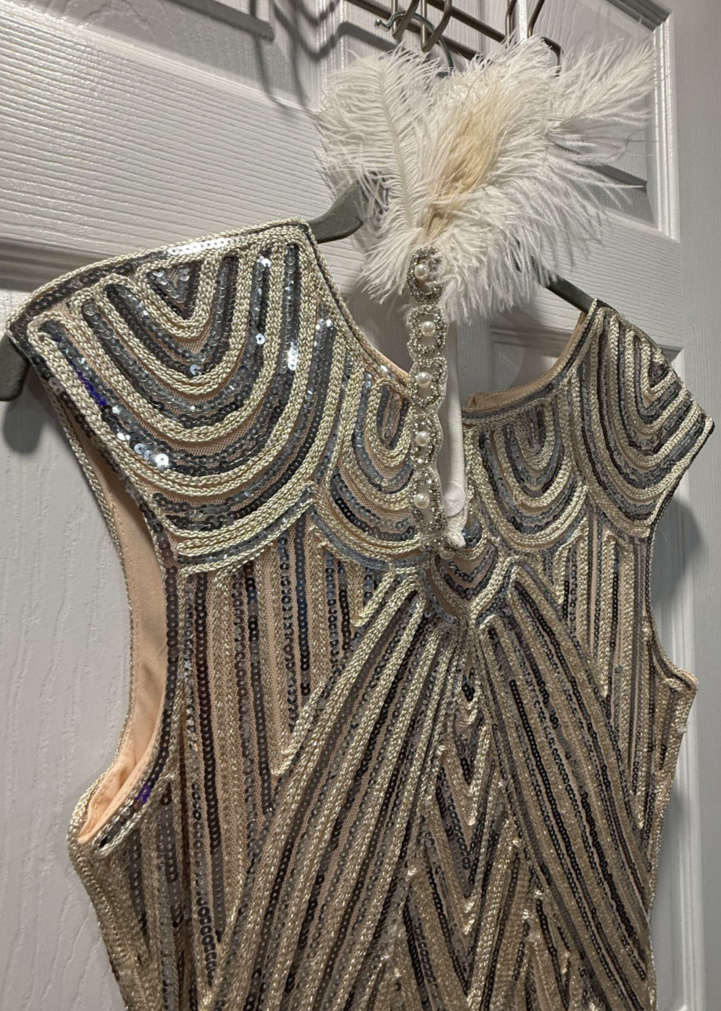 Retro 1920’s stage full length women’s silver and ivory sequin dress