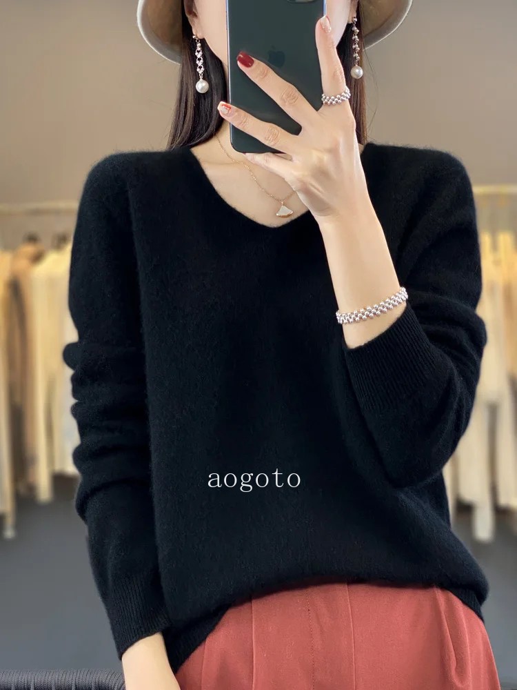 Women’s V-neck Pullover Sweater Knitwear Soft Warm Cashmere Loose Grace Style