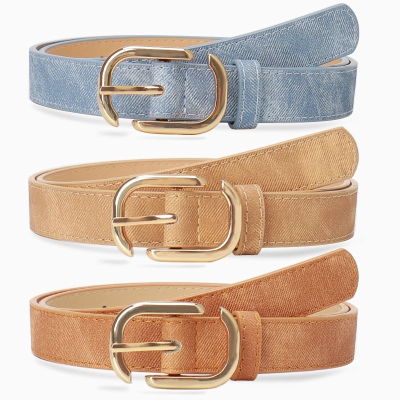 Washed Denim Belt Women Gold Buckle Casual Jeans Waist Strap