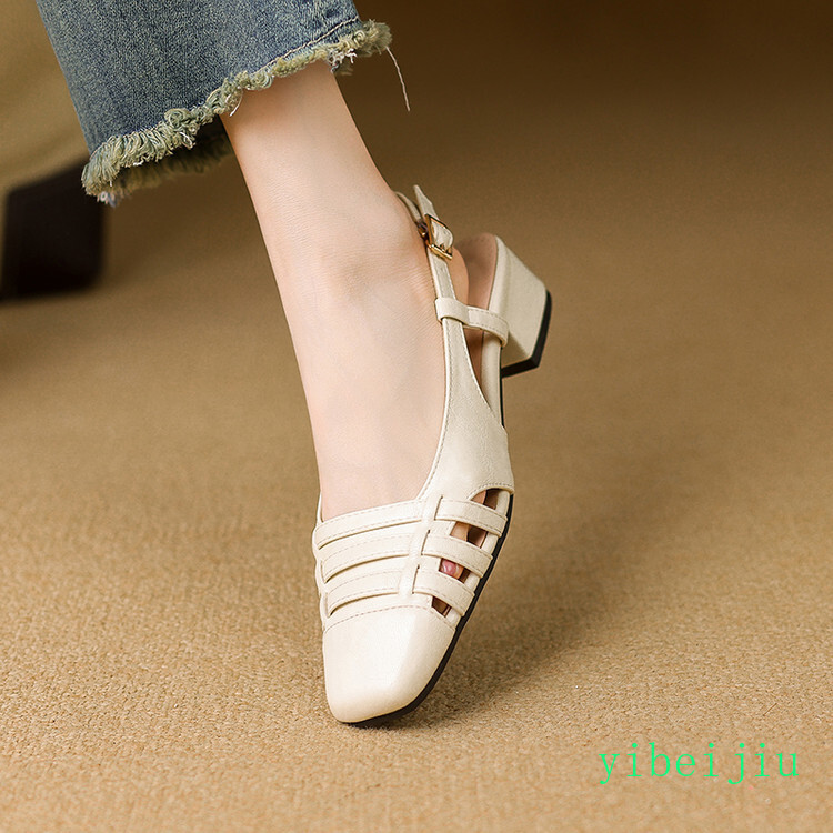 Women’s Low Chunky Heel Slingbacks Square Toe Sandals Cut Out Shoes Casual Roman