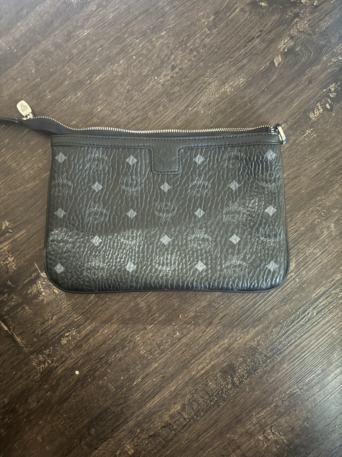 Women’s Small Black Monogram Wristlet Zip Pouch, Pebbled Finish Silver Hardware