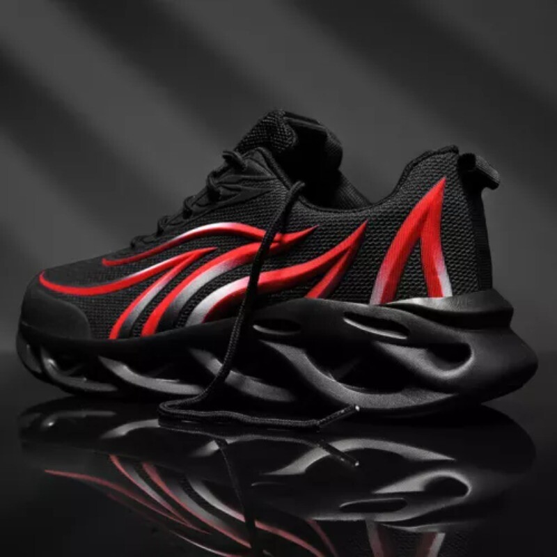 Men’s Flame Printed Sneakers Flying Weave Sports Shoes Lace-up Breathable Shoes