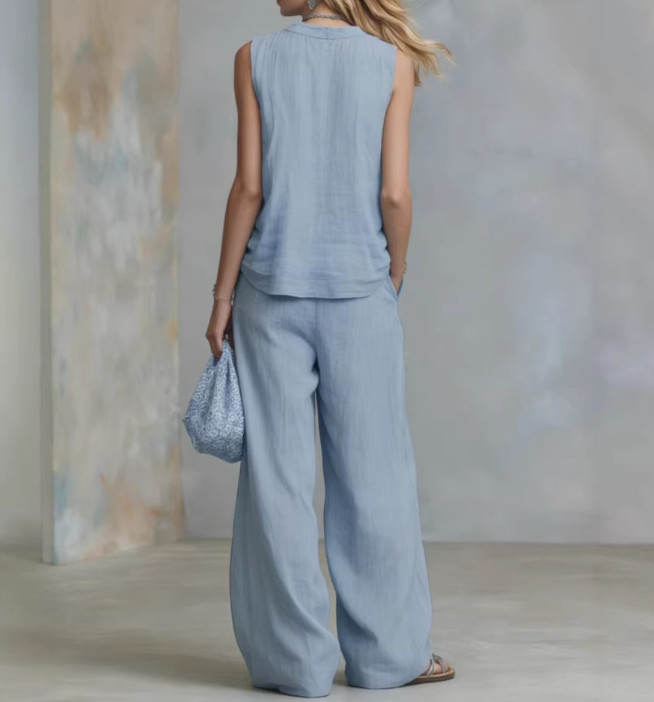 Womens 2 Piece Outfit V Neck Sleeveless Top Wide Leg Pants Casual Lounge Set
