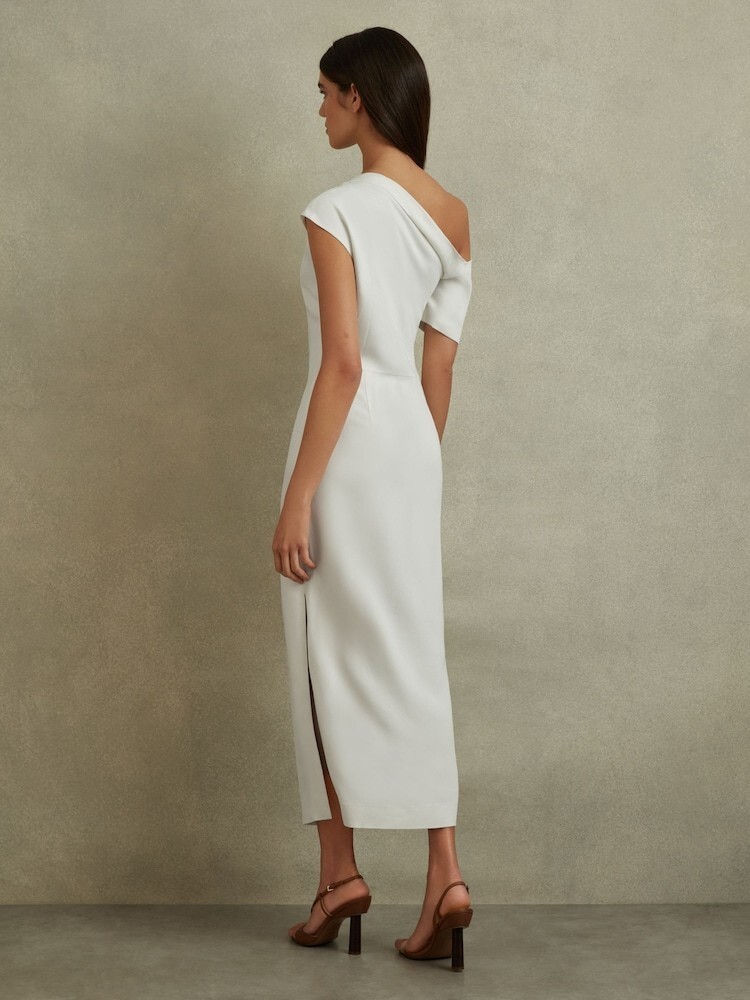 REISS Laurey Draped Bodycon Midi Dress in Ivory