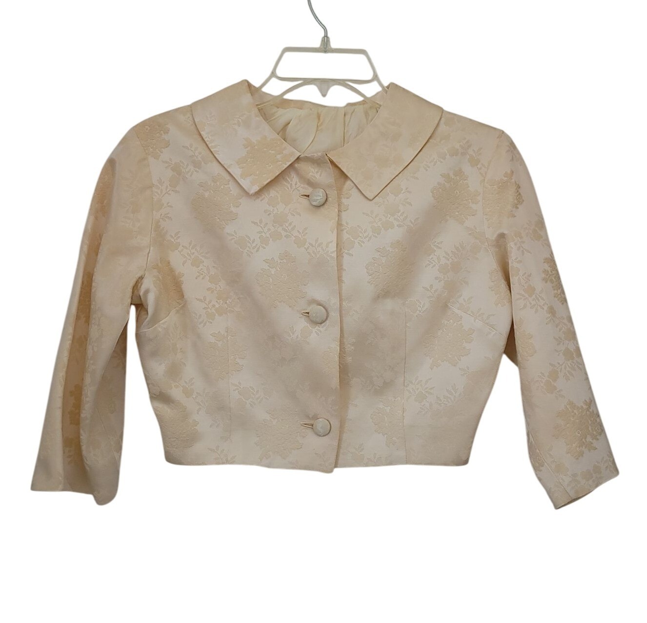 Vintage 50s/60s Ivory Brocade Floral Jacquard Dress & Cropped Jacket Set S/M