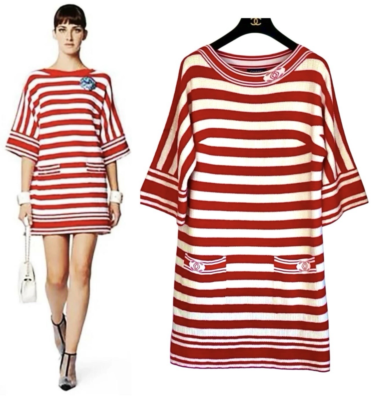 4.8K New Chanel 2019 White Red Stripe Dress 40 42 44 8 10 12 Logo Jacket S M L
