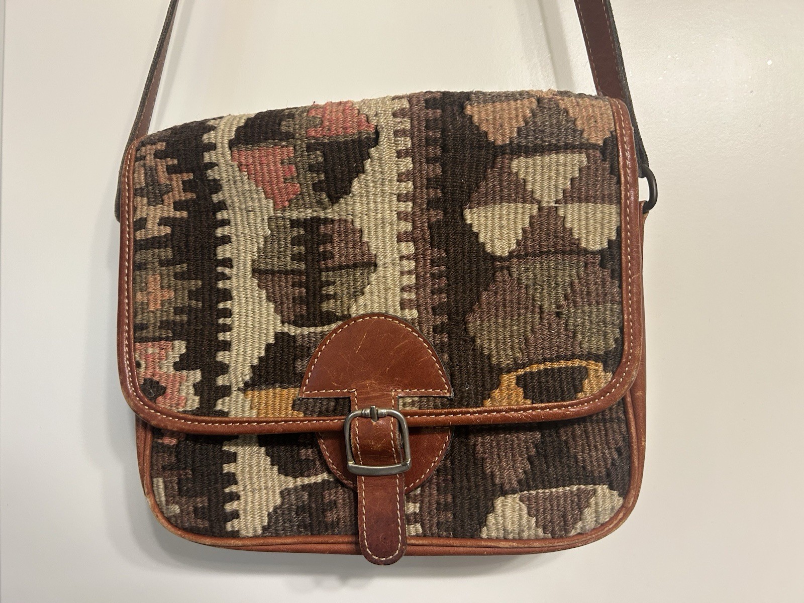 Vintage Genuine Kilim Wool Leather Woven Crossbody Shoulder Bag Made in Turkey