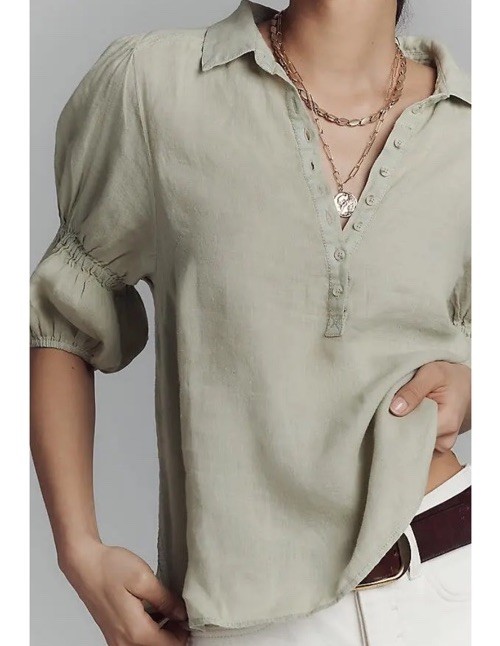Pilcro Tallulah Double Puff Sleeve Linen Blouse 1/2 Button Mint Womens M
