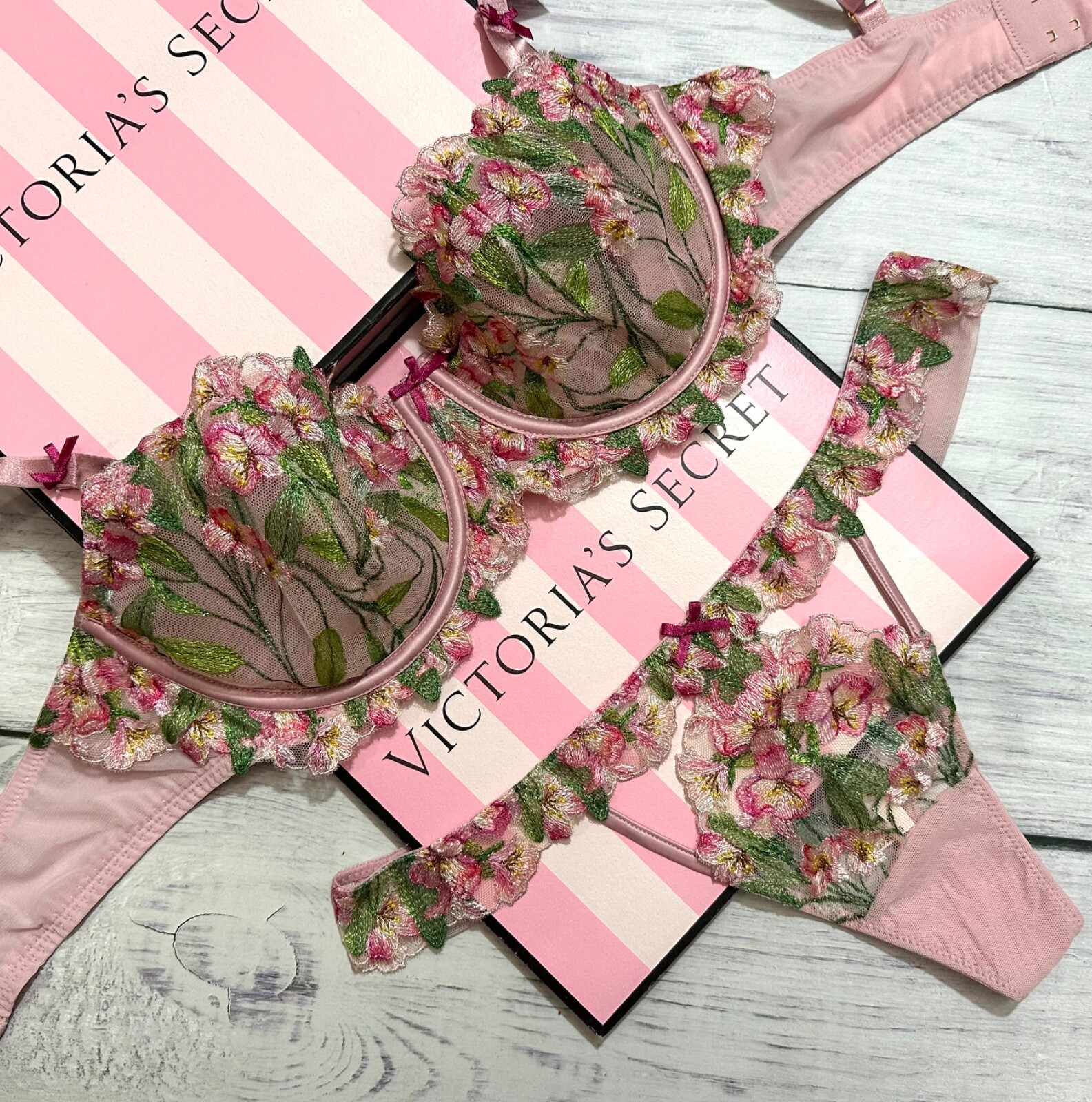 Victoria’s Secret Chalk Rose Embroidery Wicked Unlined Balconette Bra Thong Set