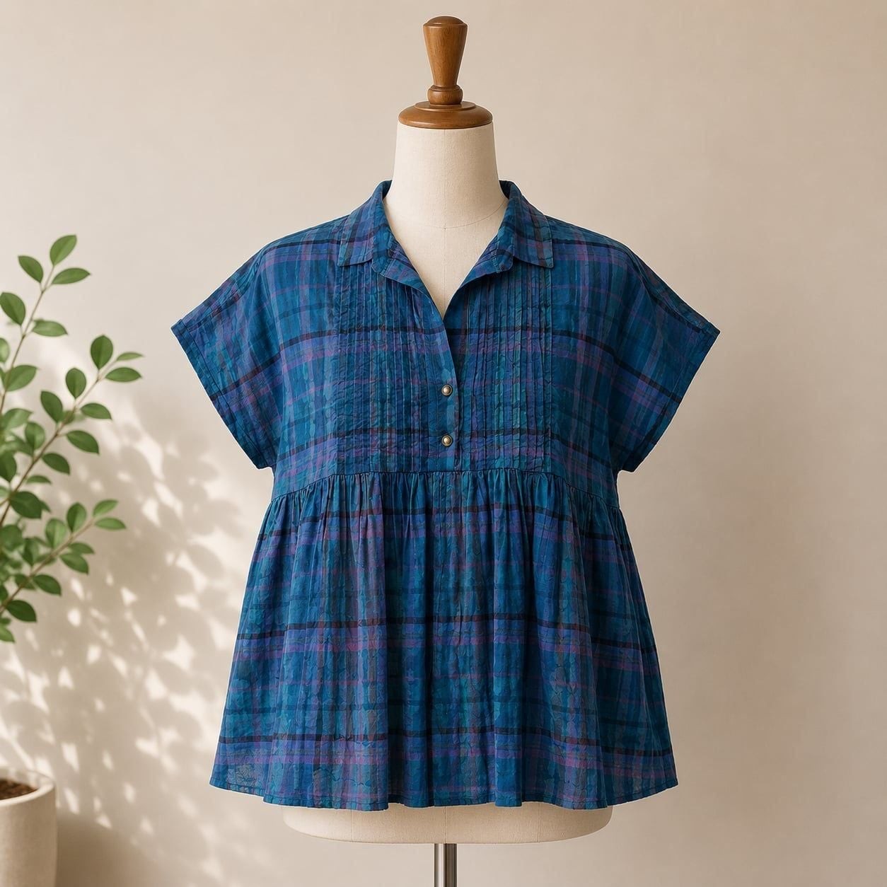 Lucky Brand Blue Plaid Babydoll Top Large 100% Cotton Pintuck Boho Blouse