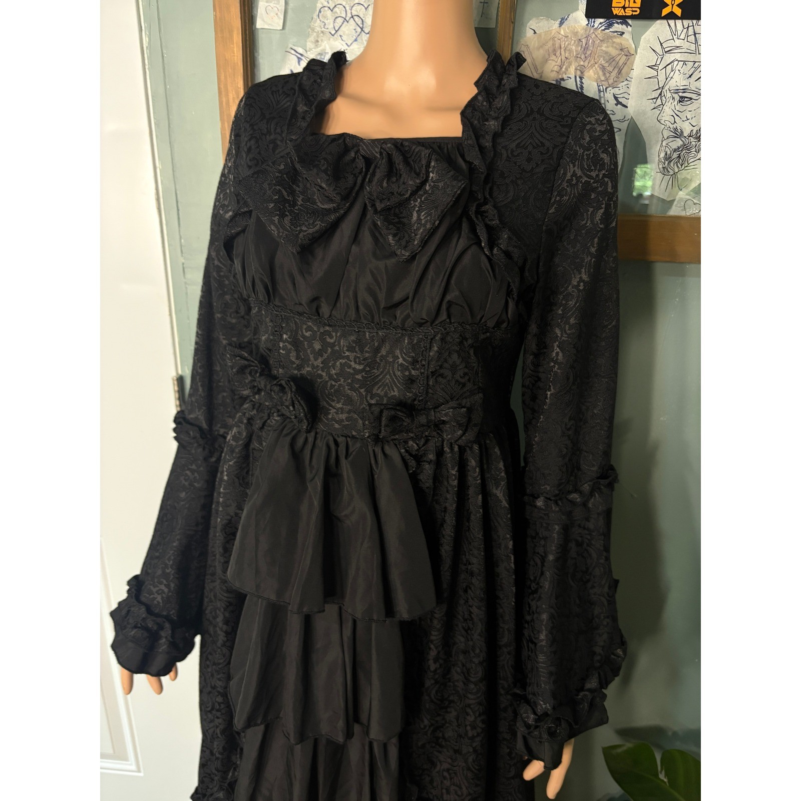 Victorian Black Damask Jacquard High Low Ruffle Bell Sleeve Dress Bows