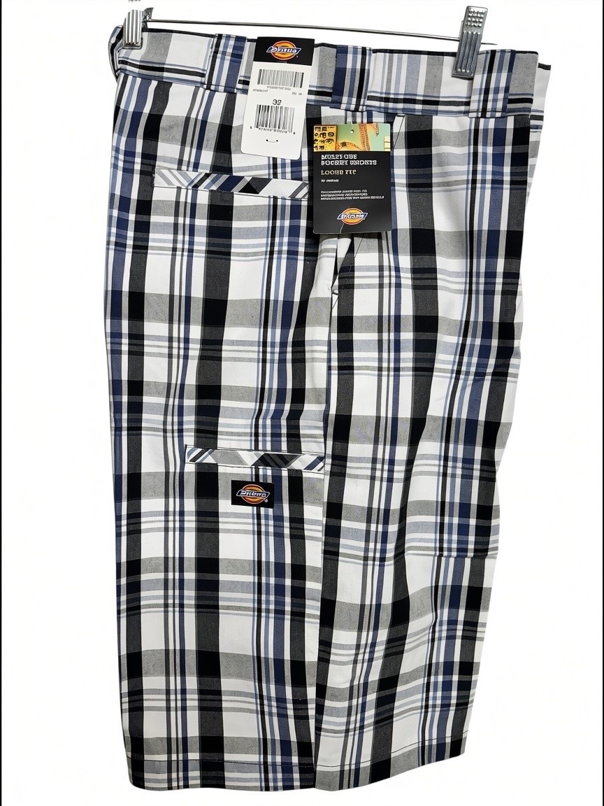 dickies mens loose fit royal blue black plaid side pocket work shorts 32-48 new