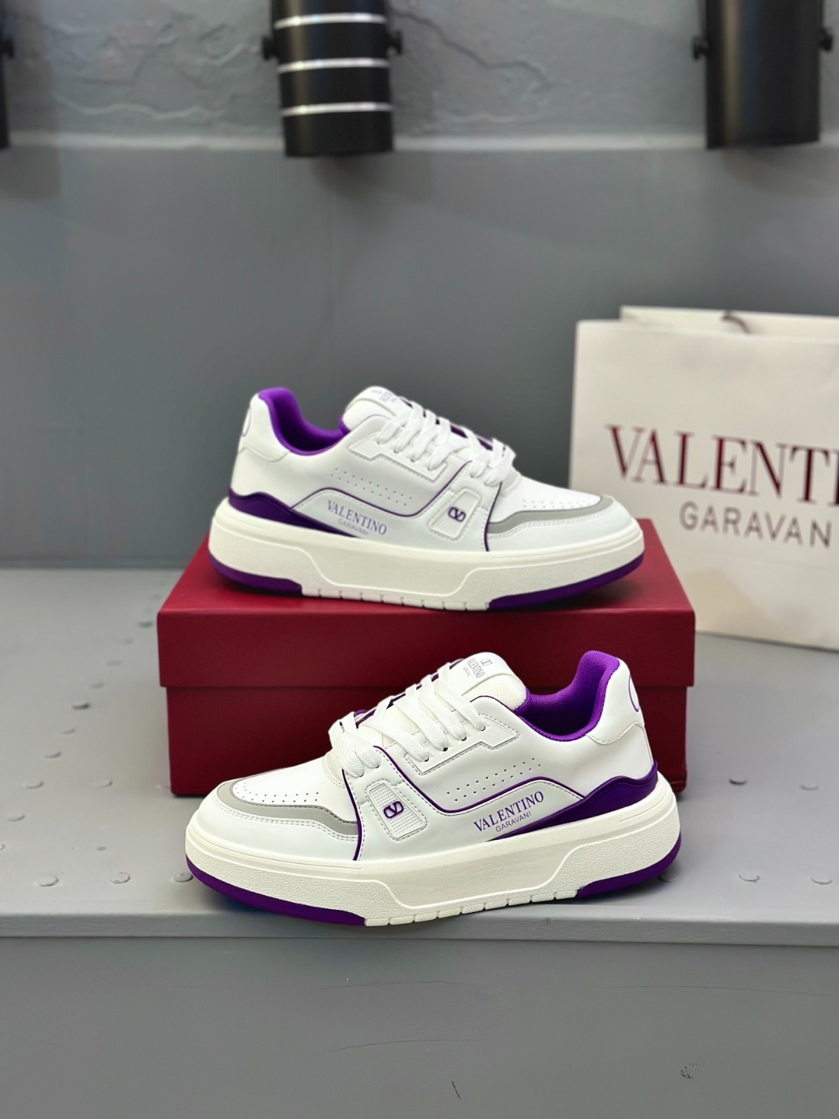 Valentino Platform Sneakers Calfskin Leather Casual Shoes Purple White New